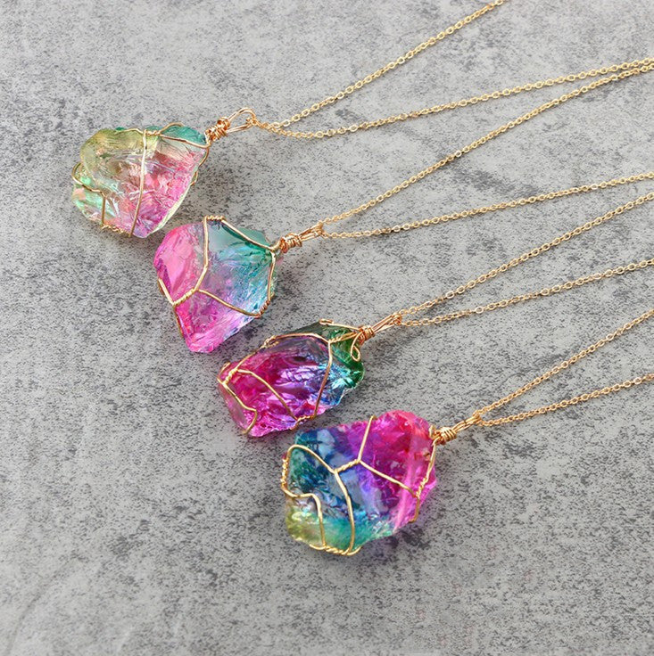 Seven-Color Natural Stone Rough Stone Winding Crystal Pendant Transparent Multi-Color Stone Chain Necklace Necklace