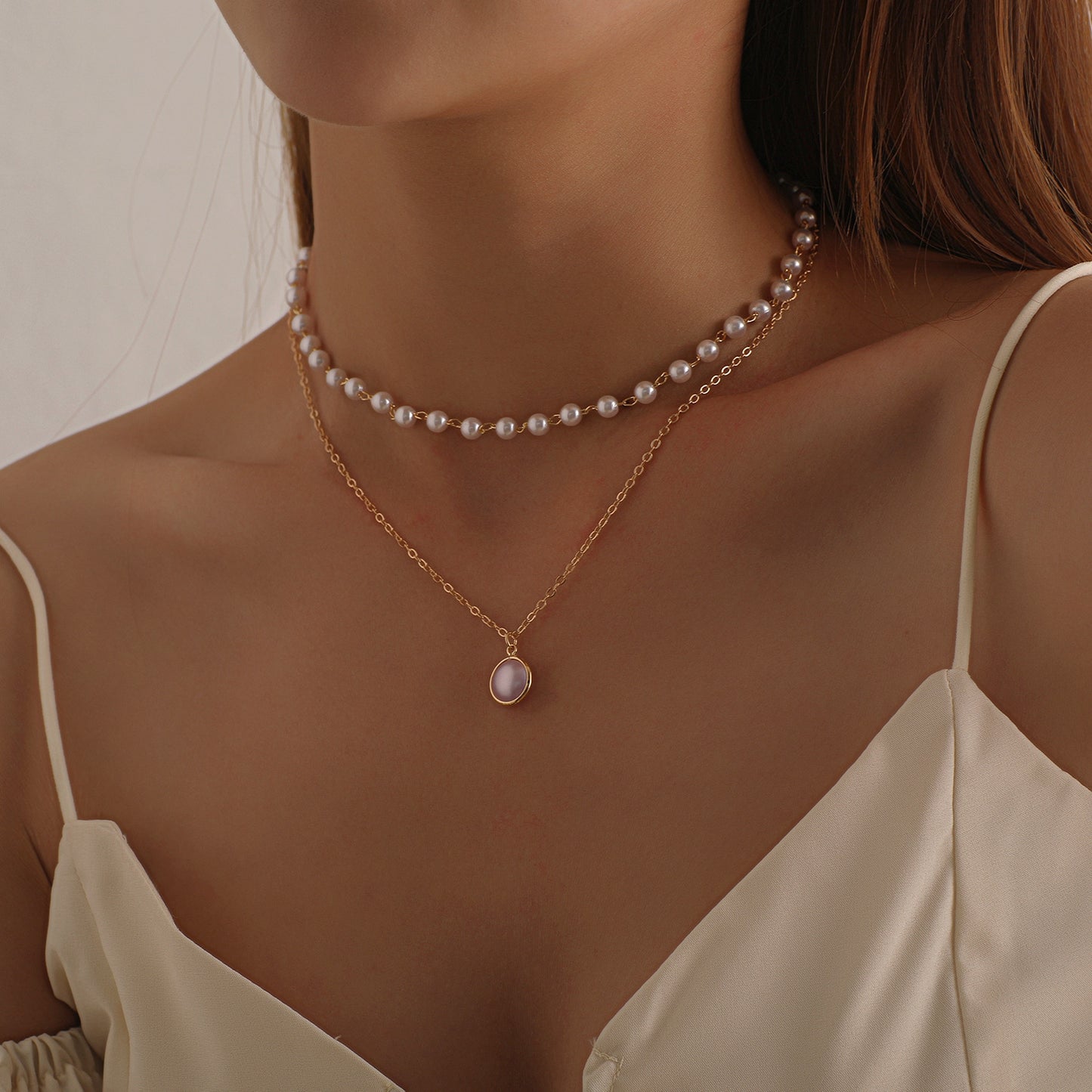 Chain Beaded Multilayer Pearl Pendant Necklace