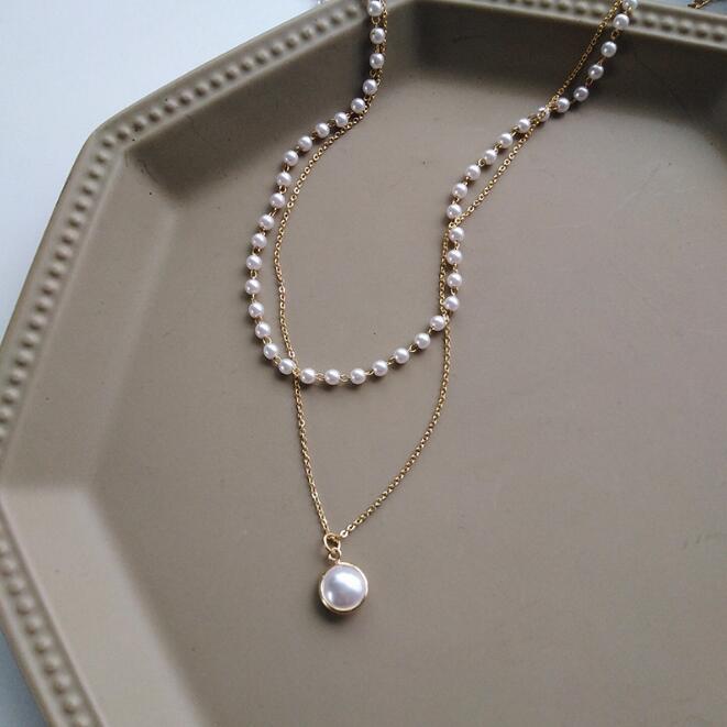 Chain Beaded Multilayer Pearl Pendant Necklace