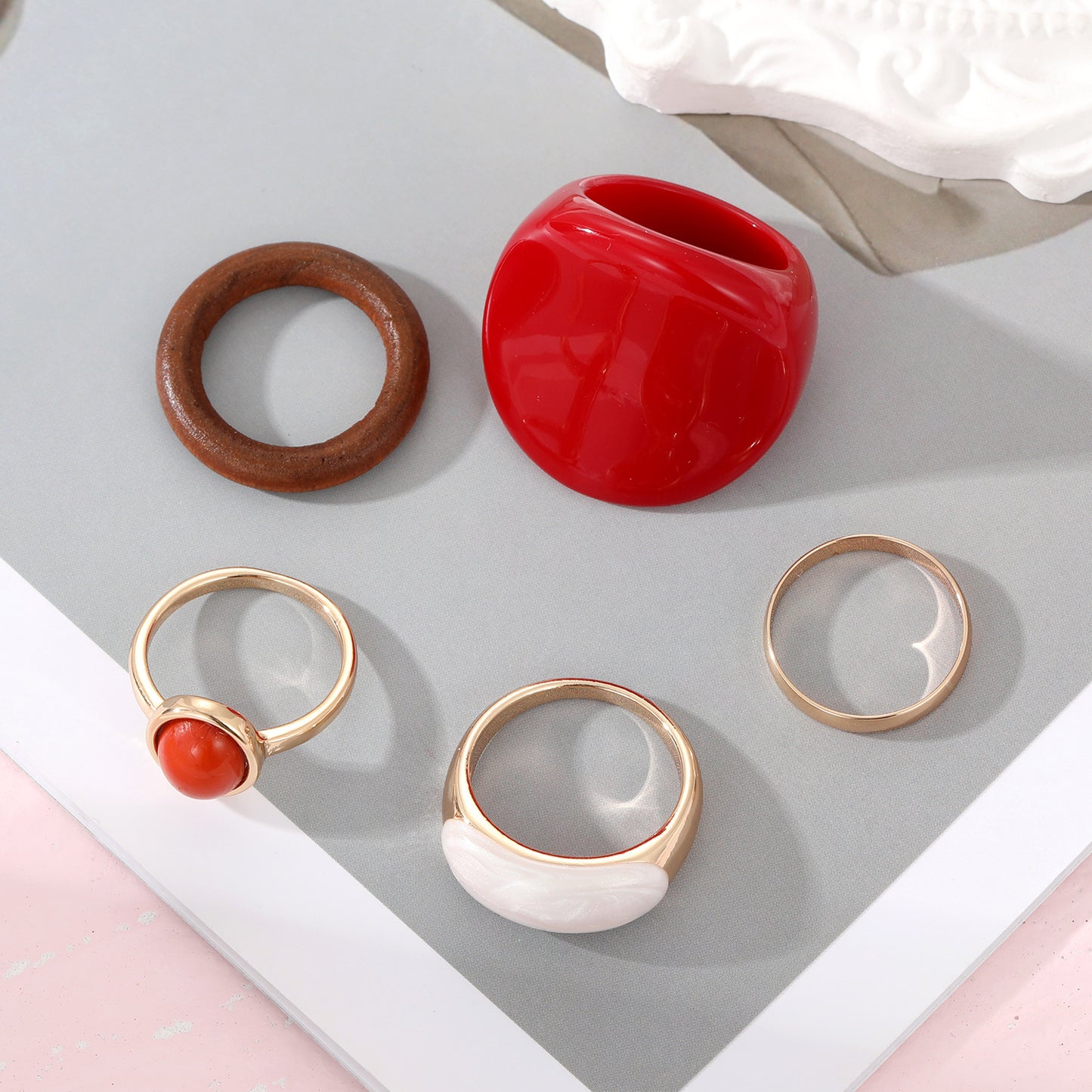 New Trendy Rings Set For Women Exaggerated Red Resin Enamel Wooden Geometric Finger Ring Punk Fashion Jewelry